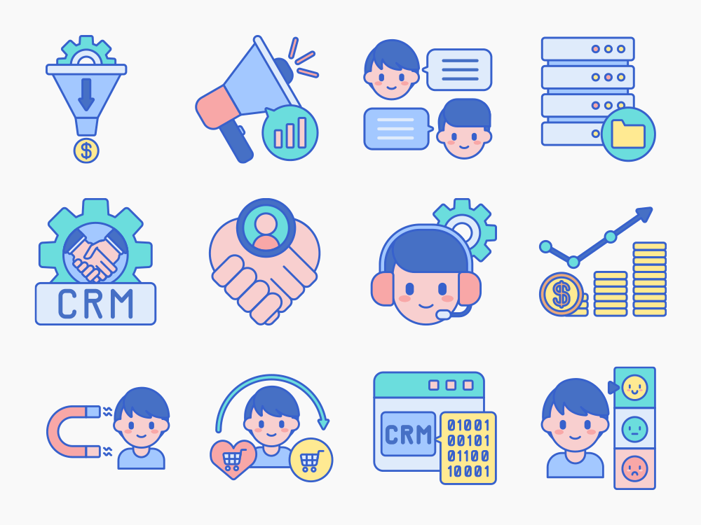 70 Customer Relationship Management Icon Set - Flat Icons CRM‑Backed Upselling Strategies That Work